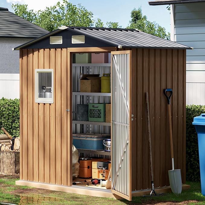 6X4FT Garden Storage Shed with Lockable Door,Steel Tool Shed with 1 Clear Window, Anti-Corrosion Metal Shed for Backyard Patio Lawn (Light Wood Grain)