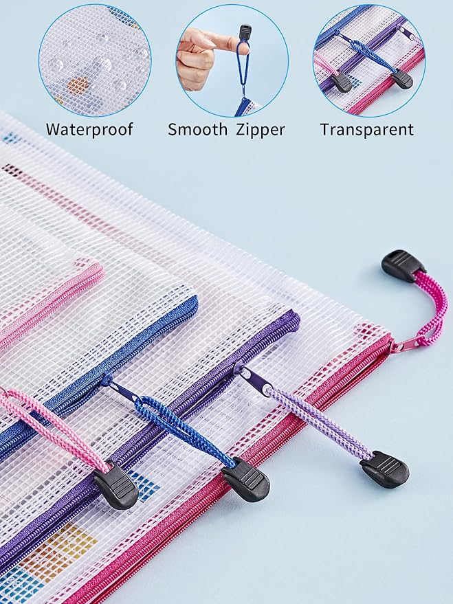 JARLINK 24 Pack 8 Sizes Mesh Pouch, 9 Colors, Waterproof Zipper File Bags Document Multipurpose Travel Bags for Office, School, Board Game, Puzzles, Cosmetics, Travel Accessories, and Home Organize