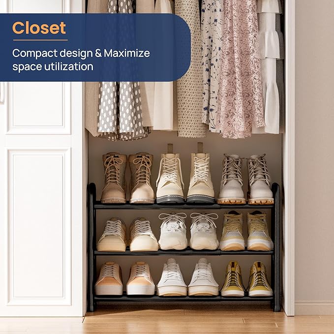 ENJOYBASICS Expandable Shoe Rack, 3 Tier Adjustable Shoe Organizer Shelf for Closet, Black Metal Free Standing Shoe Rack Storage for Small Space, Entryway | Adjustable, for Closet, Shoe Rack Storage, for Small Space, Entryway