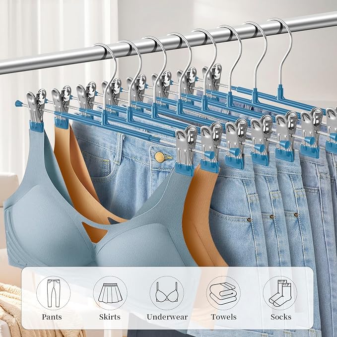 14Inch Blue Pants Hangers with Clips 10 Pack Adjustable Skirt Hangers for Women Non-Slip Trousers Hanger for Jeans Clothes Hangers for Pants Heavy Duty Space Saving Shorts Hangers