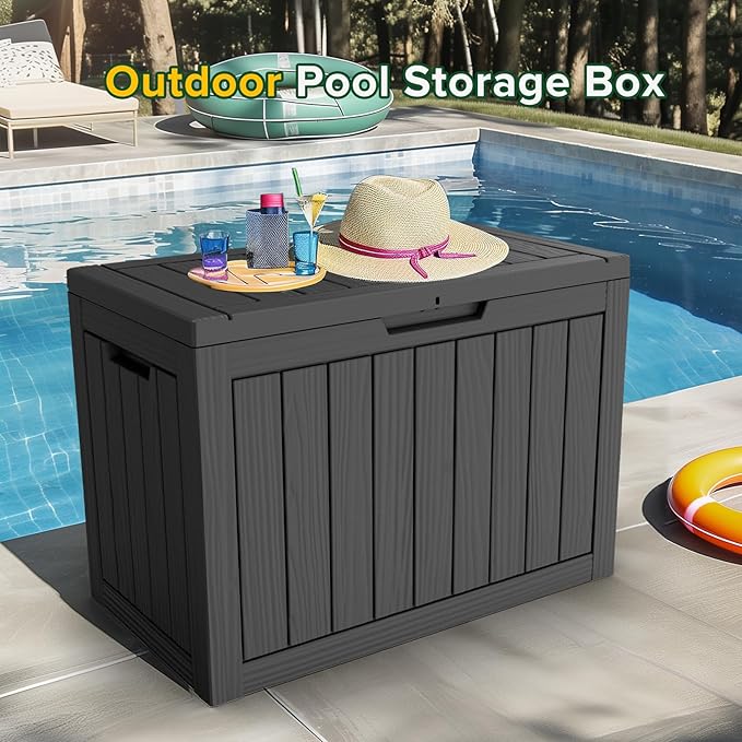 44 Gallon Outdoor Deck Box, Lockable Waterproof Outdoor Storage Boxes For Garden Tools,Indoor Cushions,Accessories Outside Storage Resin Weatherproof Container(Black)