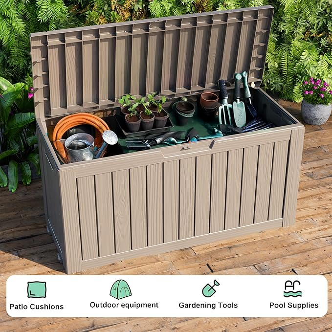 75 Gallon Outdoor Deck Box,Waterproof Resin Outdoor Storage Boxes, Outside Storage Lockable Container for Garden Tools,Indooor Cushions,Accessories (Grey)