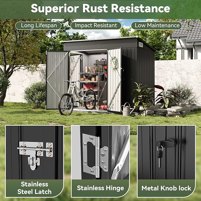 7.5'x4' Large Outdoor Shed with 3-Lockable Door & Sloping Roof, Heavy-Duty Galvanized Metal Garden Storage for Bikes, Tools, Snow Blowers (Black)