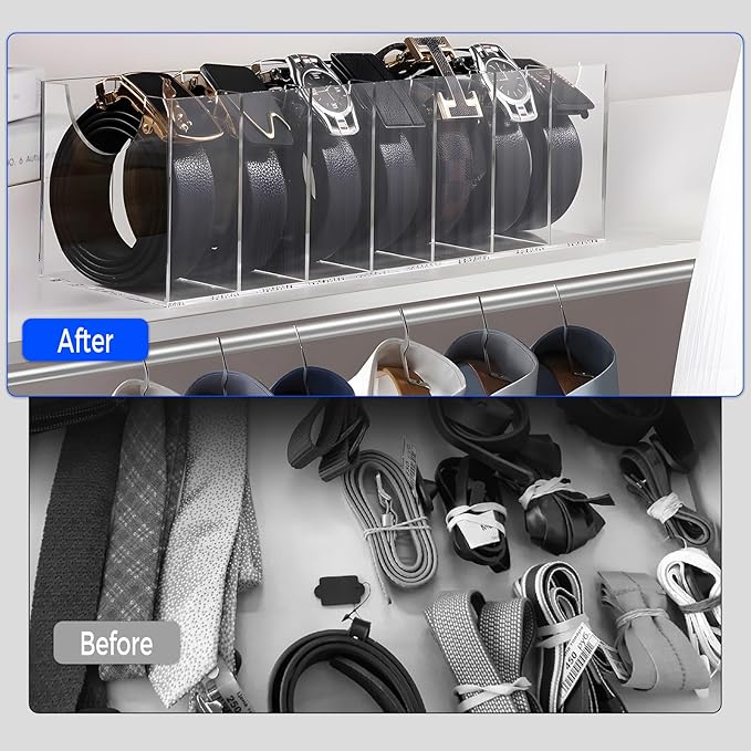 Belt Organizer, Acrylic Belt Storage Holder for The Closet, 7 Compartments Display Case for Tie and Bow Tie