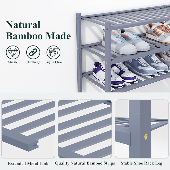 Smiry Shoe Rack, 2 Tier Thick Bamboo Shoe Organizer, Stackable Free Standing Wooden Shoe Storage Shelf for Closet, Entryway, Front Door Entrance, Grey