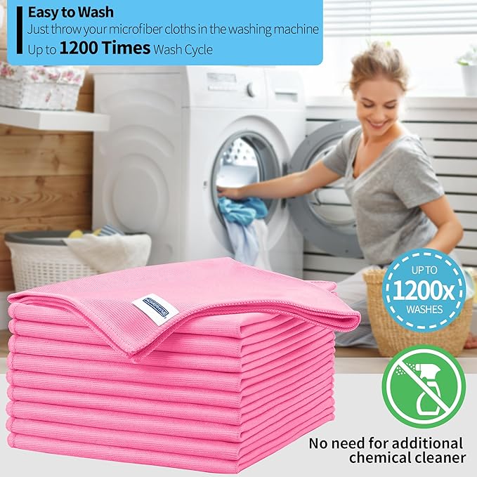 HOMERHYME Microfiber Cleaning Cloth - 10 Pack Glasses Cleaning Cloth, 16" x 14" Window Cleaning Rags, Streak Free Lint Free Polishing Cloths Wipes for Eye Glass, Stainless Steel, Windshield, Pink