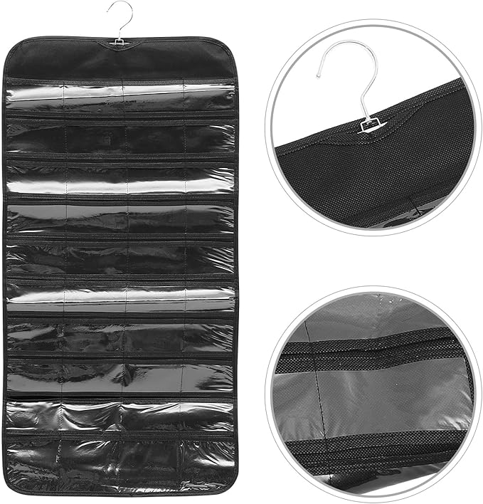Garneck Hanging Jewelry Organizer Bag Double-sided 80-compartment Jewelry Storage Holder Black Dustproof Wardrobe Accessory Organizer for Necklace Earring Display