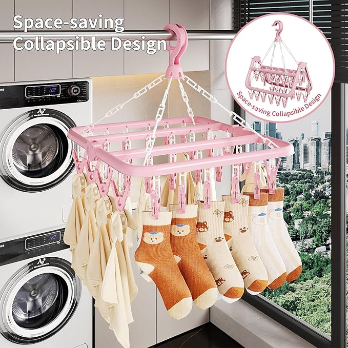 Clothes Drying Rack with 32 Clips, Foldable Hanging Rack, 360° Rotatable Hook for Drying Socks Baby Clothes Towels Gloves(Light Pink)