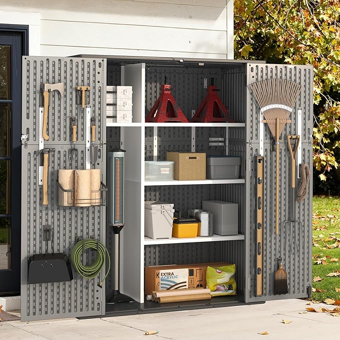 Aoxun 61 Cu.Ft Outdoor Storage Shed, Widened Outdoor Storage Cabinet Waterproof Vertical Resin Shed with Floor for Patio, Garden Tools, Pool Equipment, Easy to Assemble (Grey)
