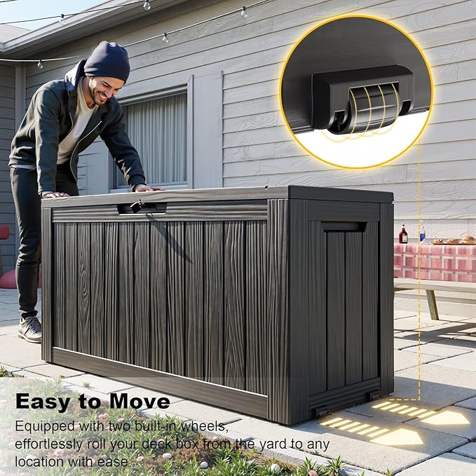 75 Gallon Outdoor Deck Box,Waterproof Resin Outdoor Storage Boxes, Outside Storage Lockable Container for Garden Tools,Indooor Cushions,Accessories (Black)