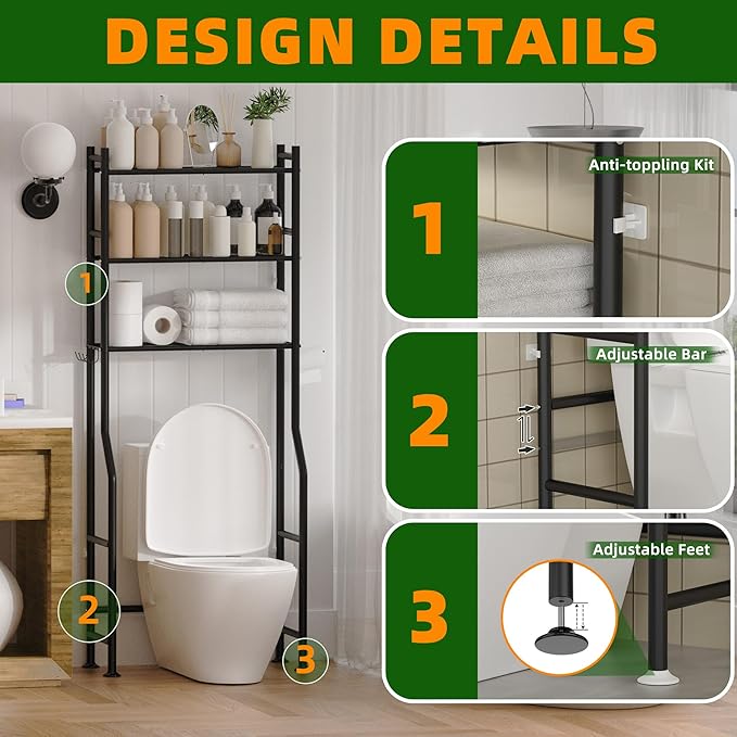 3-Tier Over The Toilet Storage, Space Saver Metal Bathroom Shelves, Freestanding Above Over Toilet Storage Shelf with 4 Hooks for Bathroom, Black