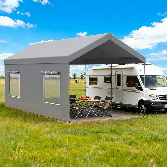 Carport Canopy Replacement Sidewall 20x6.6 FT Fits 10x20, 12x20, 20x20 FT Carport with Roll-up Windows, Waterproof & UV Protected, Easy Assembly with Ball Bungees, Grey (Sidewalls Only, 2 Pack)