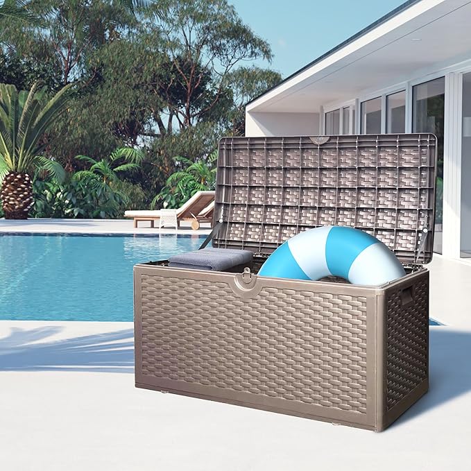 90 Gallon Outdoor Storage Box Waterproof, Lockable Resin Deck Box Large Storage Bin for Patio Furniture Cushion, Garden Tools, Pool Accessories, UV-Resistant Outside Delivery, Brown