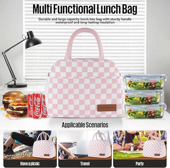 Lunch Bag Women/Men Lunch Box Women/Men (Pink+White Checkerboard)