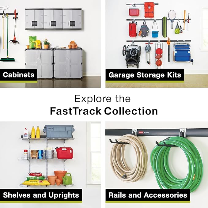Rubbermaid Garage FastTrack 8-Piece Small Kit Black/Grey All-in-One Rail & Hook Wall Hanging Kit Wall Mounted Storage Solution for Home/Garage