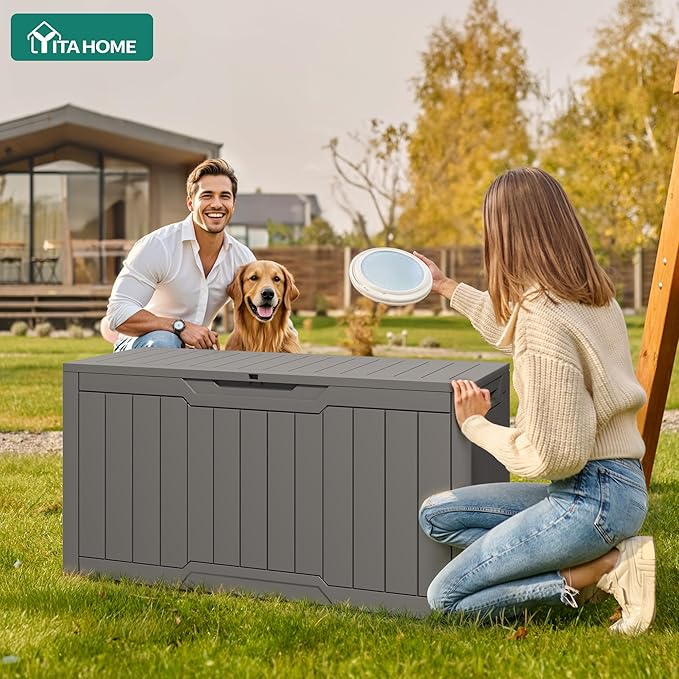 YITAHOME 80-Gallon Waterproof Resin Outdoor Storage Box, Lockable Storage Container for Outdoor Furniture, Cushion Storage, Pool Accessories, Garden Tools and Sporting Gear, Taupe