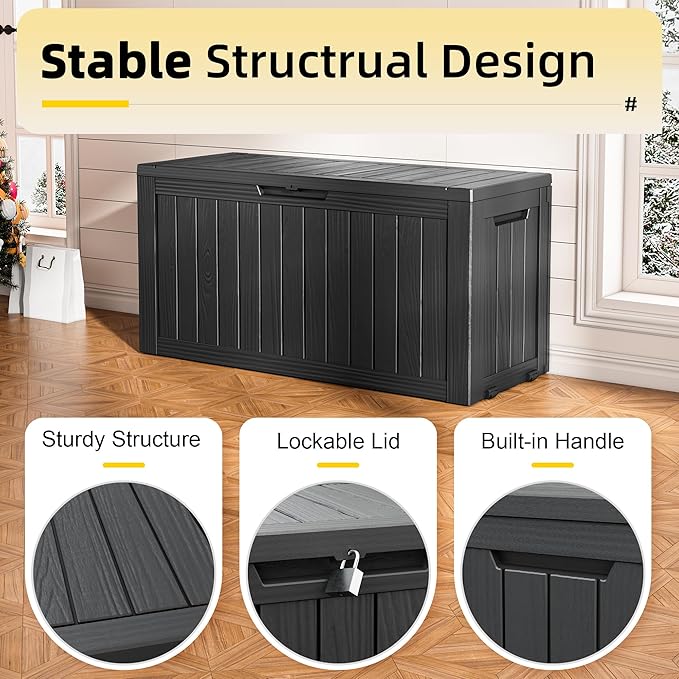 82 Gallon Outdoor Storage Box, Resin Deck Boxes Outdoor Waterproof For Patio Furniture, Garden Tools, Pool Supplies, Lockable And UV Resistant (Striped Black)