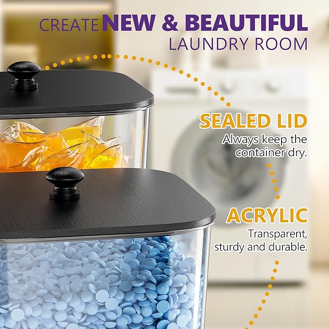 Moforoco 5 Pack Laundry Pods Container, Clear Laundry Room Organization Containers,Large Detergent Powder Storage, Black Wooden Lids & Labels, Acrylic Pods Holder