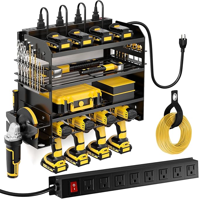 Power Tool Organizer Wall Mount with Charging Station,Tool Storage Rack with 8 Outlet Power Strip,Heavy Duty Metal Battery Utility Rack with 4 Cordless Drill Holder 6.56 Ft Cord for Garage