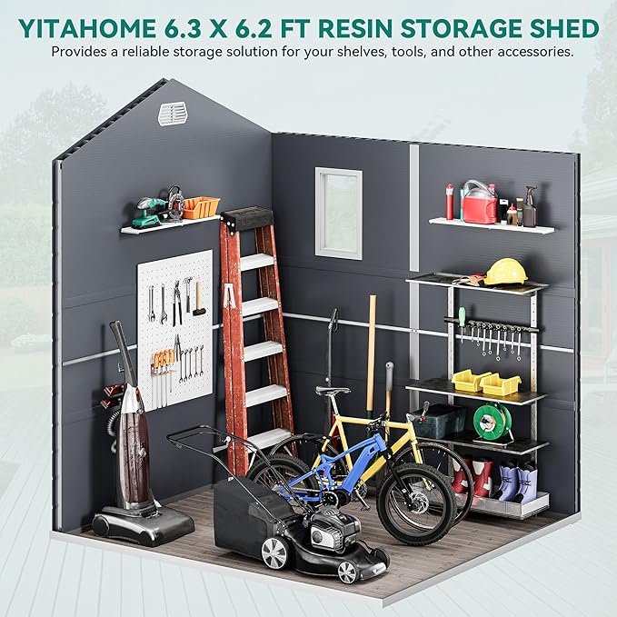 YITAHOME 6x6FT Outdoor Storage Shed w/o Floor, All-Weather Plastic Shed with Lockable Doors, Window & Vents, Plastic Tool Shed for Backyard, Patio, Poolside, Gray