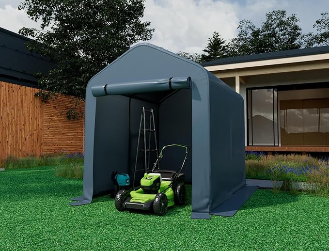 6x8 FT Outdoor Portable Storage Shelter Shed Replacement Canopy with Roll-Up Zipper Door, UV-Resistant Canopy Cover for Motorcycle, Bike, Lawn Mower, Tools, Gray (Tarp Cover Only - Frame Not Included)