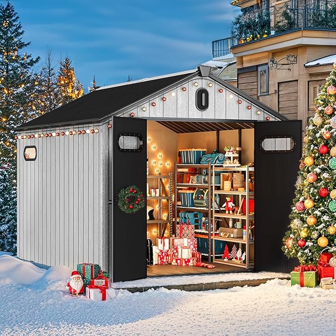 YITAHOME 8x10ft Outdoor Plastic Storage Shed with Floor, Extra Thick Waterproof Garden Shed with Lockable Door, Oval Vision Windows &Vents, 16mm Heavy Duty Tool Storage for Patio, Lawn, Gray