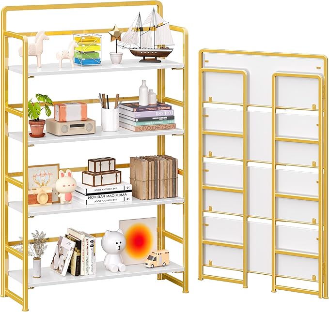 4NM No Assembly Extra Wide 4 Tiers Folding Bookshelf Storage Shelves Vintage Bookcase Standing Racks Study Organizer Home Office (White Gold)