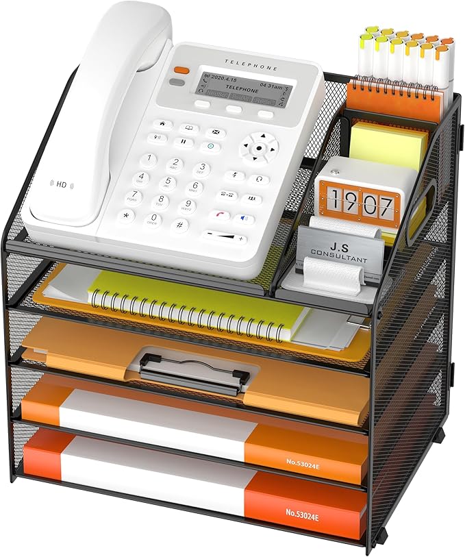 DocNest 5 Tier Metal Mesh Letter Tray - Space Saving Desk File Organizer with Handle, Pen Holder & Folder Holder - Desktop Document Sorter for Office, Home, School, Classroom - Black