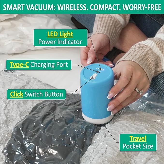 Cozy Essential 6 Pack Travel Vacuum Storage Bags with Rechargeable Wireless Electric Pump for Luggage, Suitcase, Carry-on Size Vacuum Seal Compression Space Saver Bags for Clothes and Clothing Travel