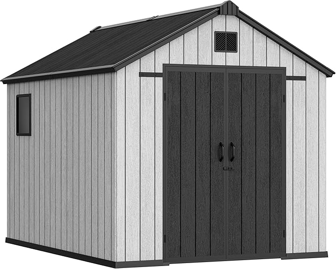 YITAHOME 8x10 FT Outdoor Storage Shed with Lockable Door, Large 544 Cuft Resin Shed with Floor Roof Windows Vents, All-Weather Plastic Storage Shed Tool Organizer for Backyard Garden Patio Lawn, Gray