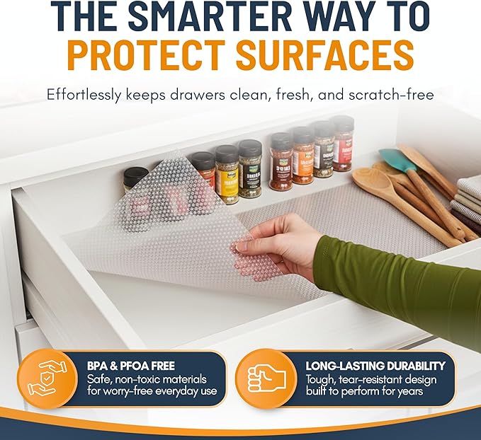 Shelf Liner Drawer Liner for Kitchen Cabinets Non-Adhesive by Linda’s Essentials (17.7 x 240 Inches) - Non-Slip Easy Clean Kitchen Cabinet and Cupboard Protector, Waterproof Mat, Clear Roll