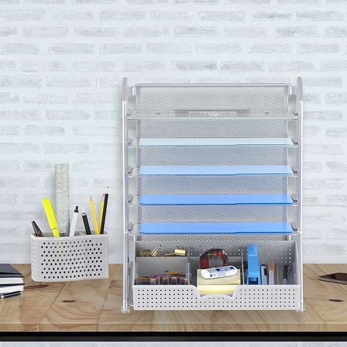Simple Houseware 6-Tier Desk Document File Tray Organizer with Supplies Sliding Drawer, Silver