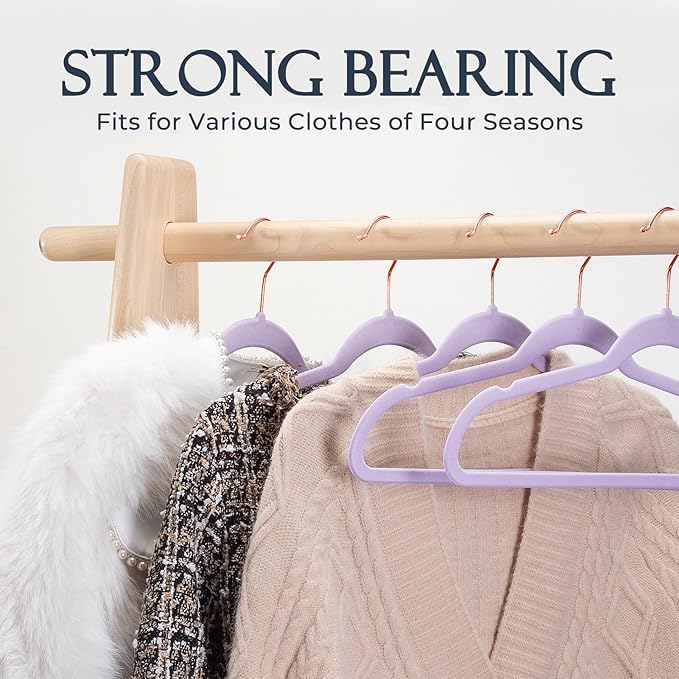 HOUSE DAY Lt-Purple Velvet Hangers 20 Pack, Premium Non-Slip Felt Clothes, Sturdy Heavy Duty Coat, Durable Hangers for Suits, Space Saving with No Hanger Mark, 360° Swivel Rotating Rose Gold Hook