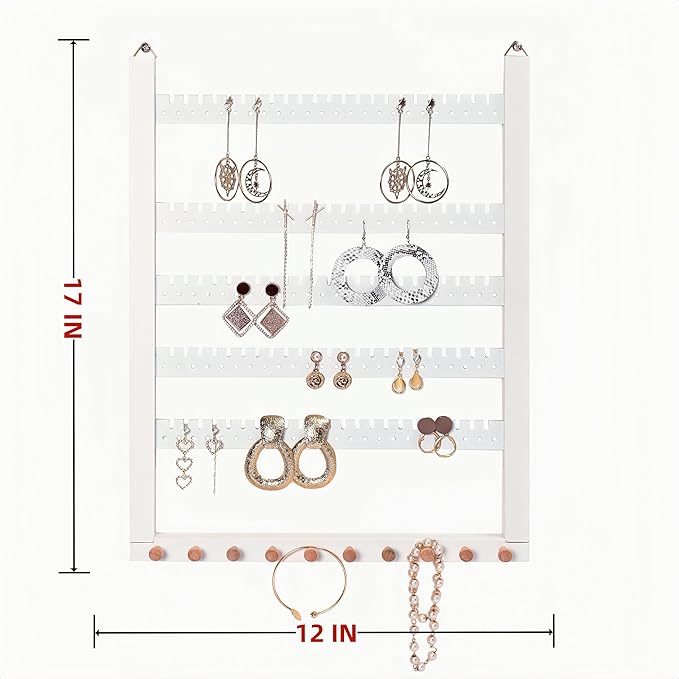Wall Mounted Earring Organizer, Earring Holder Organizer Wall,Solid Wood Earring Hanging Jewelry Organizer and Storage, Wooden Necklace Holder, Earring Display for Studs, Dangling, Bracelet and Rings