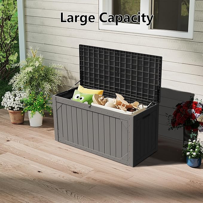 Outdoor Storage Deck Box Waterproof, 100 Gallon Large Lockable Patio Storage Bin Chest, Resin Outside Container Seat Bench for Furniture Cushions, Pool Accessories, Garden Tools & Delivery, Black