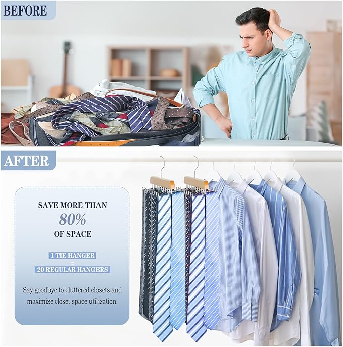Tie Rack Belt Hanger for Closet Fitnice Upgraded Non Slip Tie Hanger Space Saving with 20 Foldable Hooks Wooden Belt Tie Organizer for Tank Tops Bras Cami Scarves