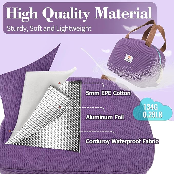 Lunch Box Lunch Bag for Women Girls Teens, Cute Lunch Box Cooler Bag, Portable Small Insulated LunchBox Reusable Corduroy Lunch Tote for Work/Travel/Picnic/School (Purple)