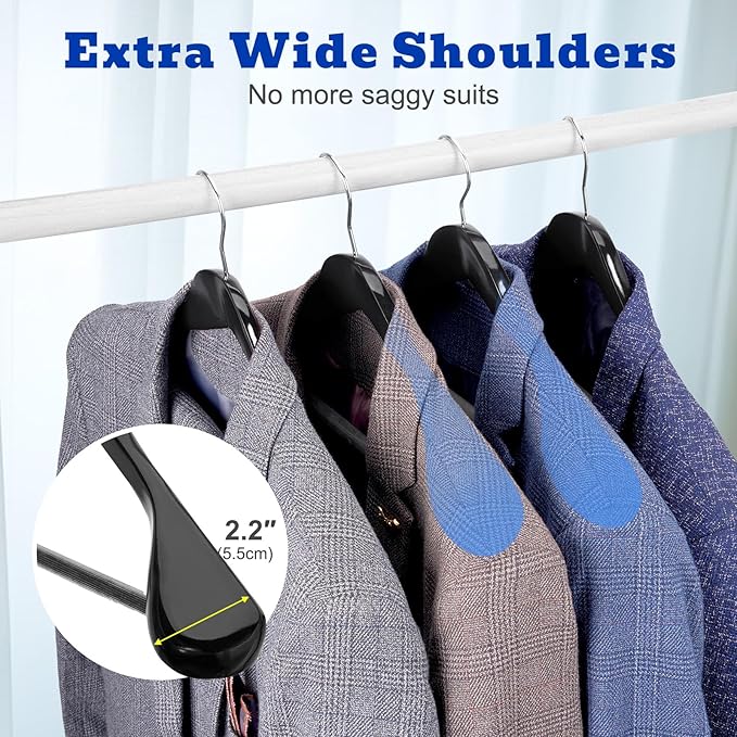 HOUSE DAY Wide Shoulder Wooden Hangers 12 Pack, Wood Suit Hangers for Men with Non Slip Pants Bar, Smooth Finish Solid Wood Coat Hangers for Jacket, Pants, Dress, Heavy Clothes Hangers (Black)