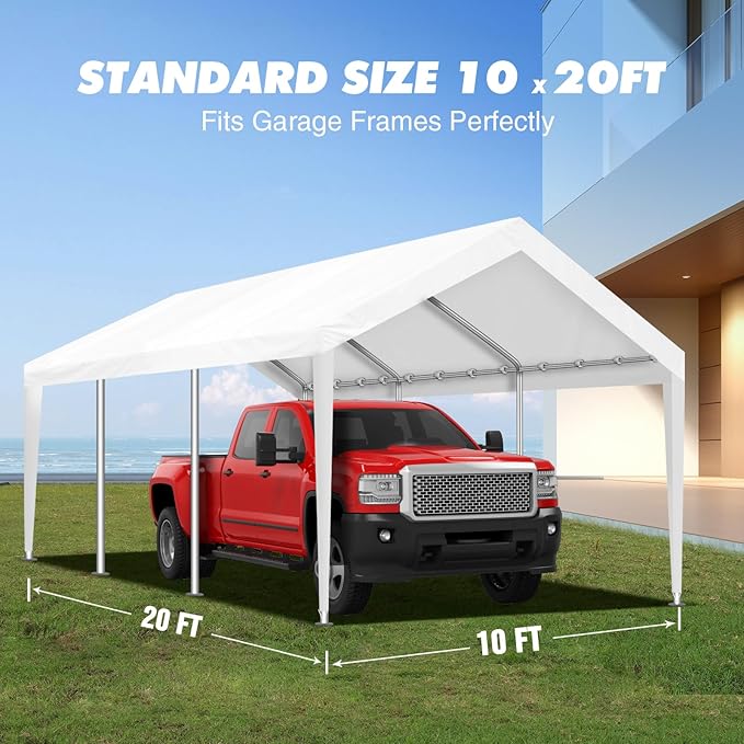 10x20FT Carport Canopy Replacement Cover Heavy Duty Waterproof & UV Protected, All Weather Car Shade Canopy with Ball Bungees (White, 10'x20', Frame is not Included)