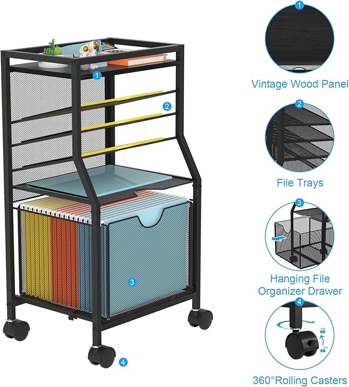 Rolling File Cart, 6-Tier Desk File Organizer on Lockable Wheels, Black Wood Planks & Mesh Sliding Hanging Folder Drawer, Organization Cart for Office Home School