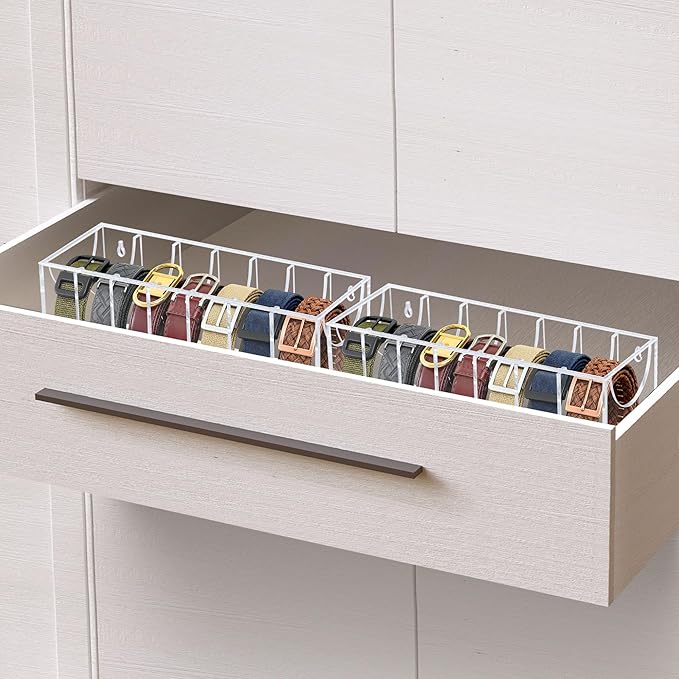 Belt Organizer, Acrylic Belt Storage Organizer for Closet with Dust Cover and Drawer,7 Compartments Transparent Display Case for Belts