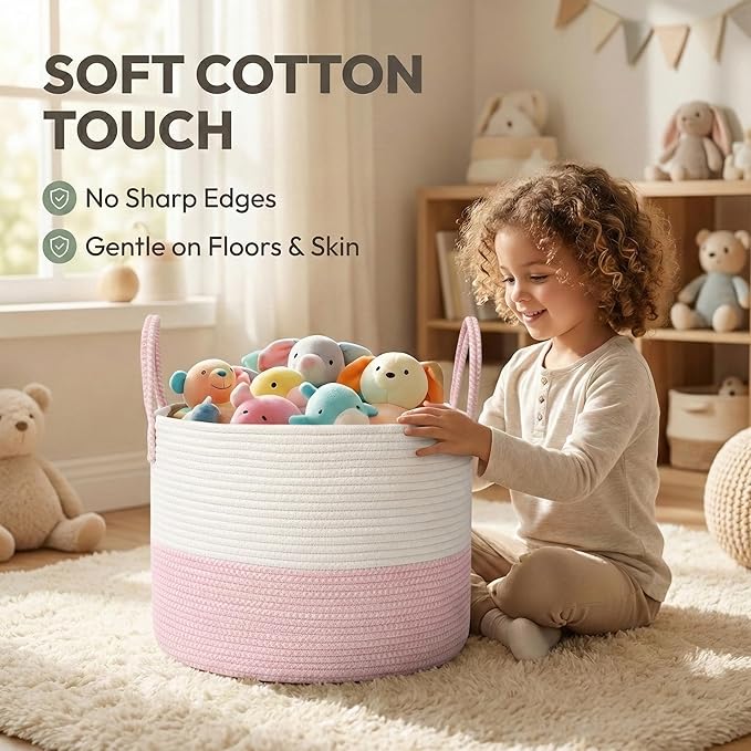 65L Extra Large Blanket Basket for Living Room - Woven Cotton Rope Laundry Hamper with Reinforced Handles - Storage Bin for Pillows, Comforters & Toys - Machine Washable,White&Pink