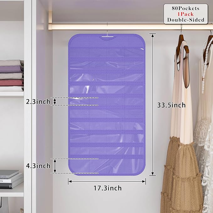 1 Pack Hanging Jewelry Organizer 80-Pocket Dual-sided Jewelry Storage for Earring Necklace Bracelet Ring Travel Holder, Purple