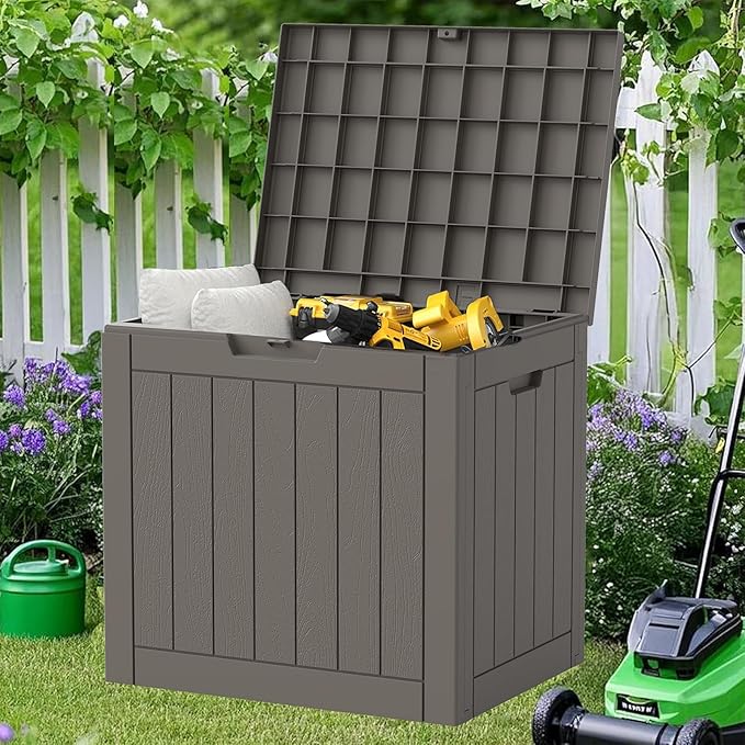 NUNU LAB 32 Gallon Outdoor Storage Box Waterproof, Outside Package Delivery Deck Boxes with Lockable Lid, Backyard Storage Bin For Garden Tools, Patio Cushions Accessories, Gray