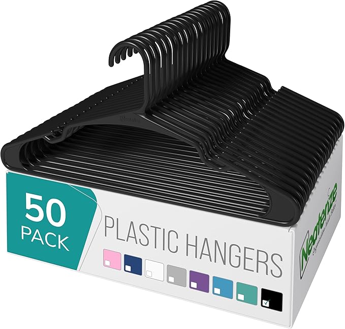 NEATERIZE Clothes Hangers Plastic 50 Pack for Adults - Plastic Hangers, The Perfect Coat Hanger and Space Saving Clothes Hangers for Closet, Percheros Ganchos para Colgar Ropa Hangars - Black Hangers