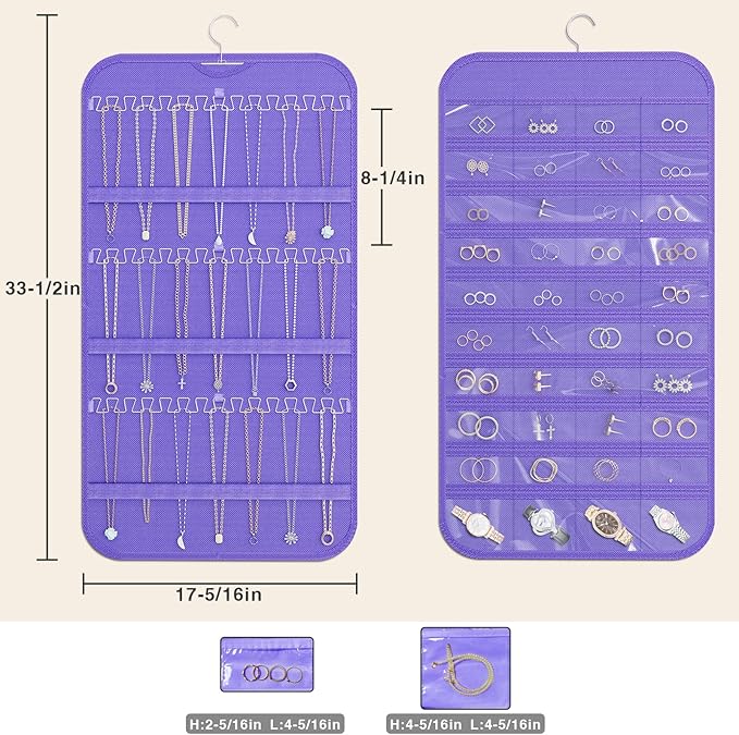 Hanging Jewelry Organizer Storage, 40 Pockets 36 Hooks Necklace Earring Necklace Bracelet Ring Organizer, Double - Sided Design, Purple