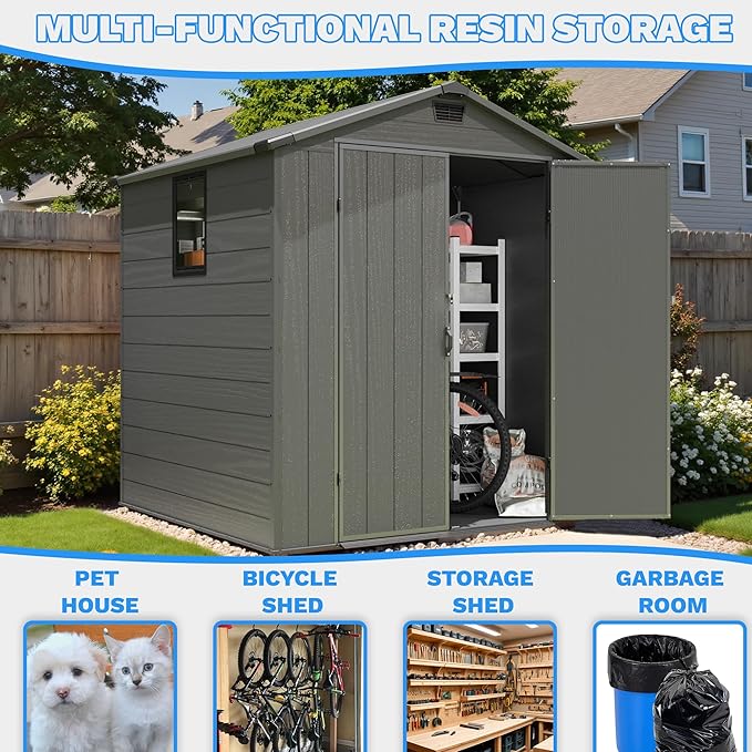 Greesum 6x6FT Plastic Outdoor Storage Shed with Floor, Resin Sheds with Lockable Double Door, Tool Sheds with Window and Vents, for Garden, Backyard, Patio, Dark Gray