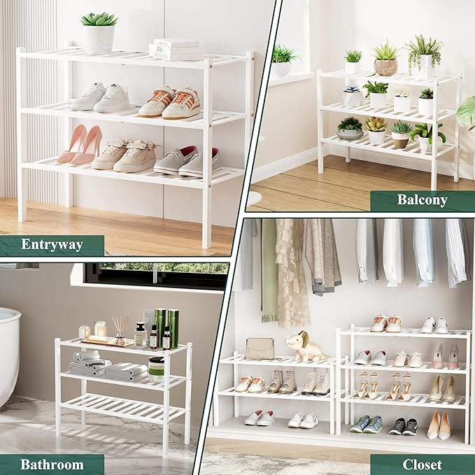 Smiry Shoe Rack, 6 Tier Bamboo Shoe Organizer, Stackable Free Standing Wooden Shoe Storage Shelf for Closet, Entryway, Front Door Entrance, White