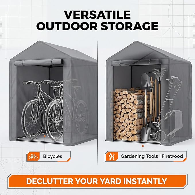 Flamaker Storage Shed 6' x 3' Metal Frame Outdoor Waterproof Carport Shelter with Rollup & Zipper Door Garage Tent for Bike, Motorcycle, Firewood