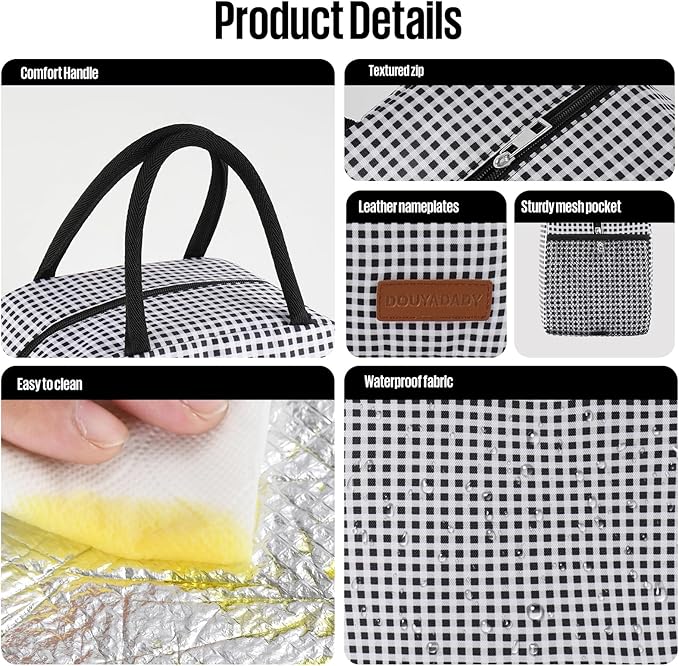 Lunch Bag Women/Men Lunch Box Women/Men (Black+White Grid)